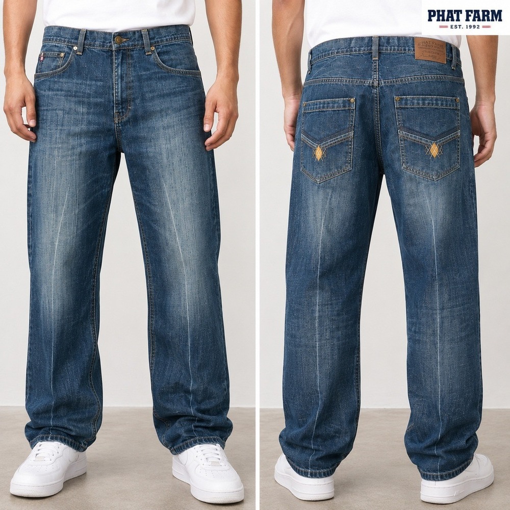 Phat Farm Jeans Mens 42x32 Relaxed‎ Straight Medium Wash Embroidered Streetwear